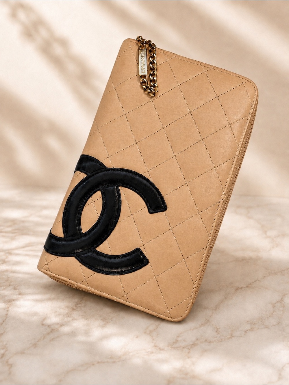 CHANEL • Cambon Ligne Large Organizer Wallet • Beige & Black Diamond Quilted